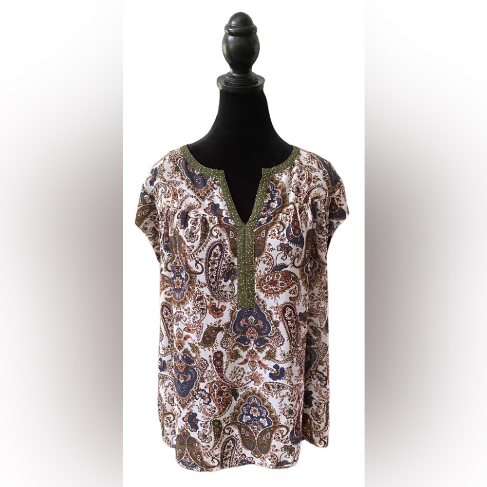 DR2: Peasant Green Earth Tones Pattern Blouse
